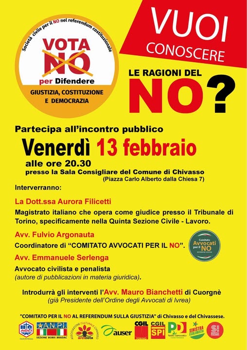Chivasso, nella sala consigliare le ragioni del No al referendum giustizia